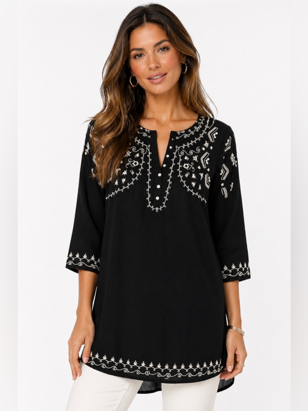 Intro Size Medium Embroidered Black and White Women's Tunic‎ Top Cover Up